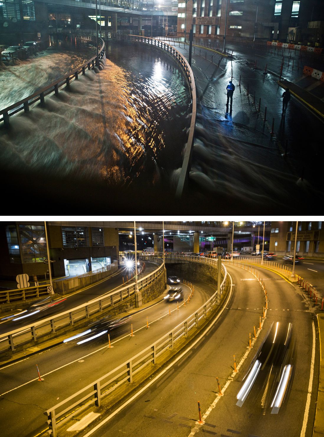 [Top] Rising water caused by Superstorm Sandy rushes into the Carey Tunnel (aka the Brooklyn Battery Tunnel) October 29, 2012 in New York City. [Bottom] Cars use the Carey Tunnel October 22, 2013 in New York City.